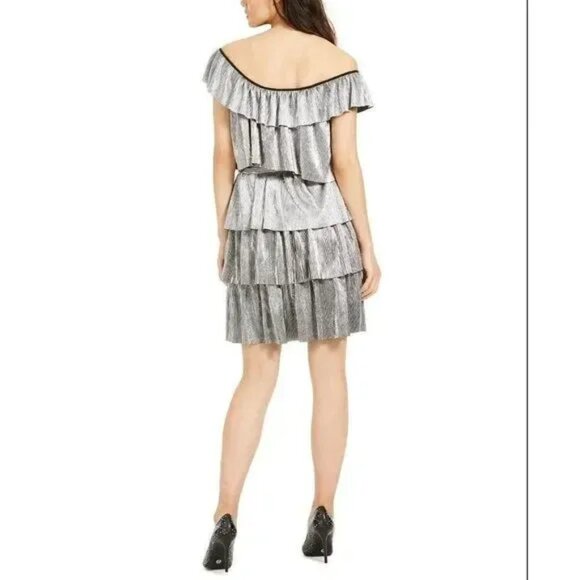 Michael Michael Kors Metallic Tiered Off-The-Shoulder Dress, Silver, M - Picture 3 of 13